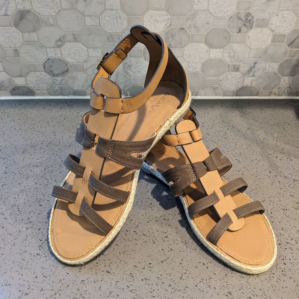 SeaVees Villager Sandals Women 8 Brown Canvas Strappy Espadrille Fisherman
